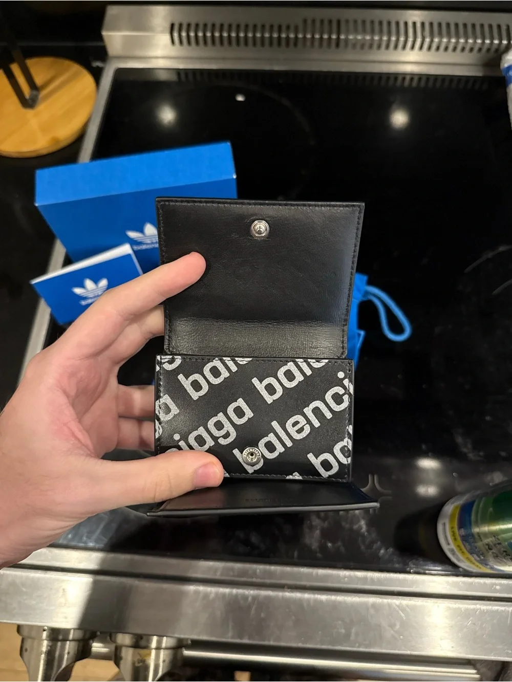 Balenciaga Black and White Glitter Logo Trifold Wallet